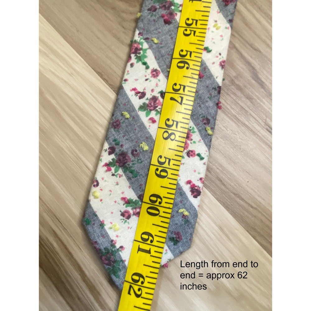 The Tie Bar Mens Cotton Floral Striped Necktie Gray White Pink Handmade 62 Inch - Picture 5 of 5